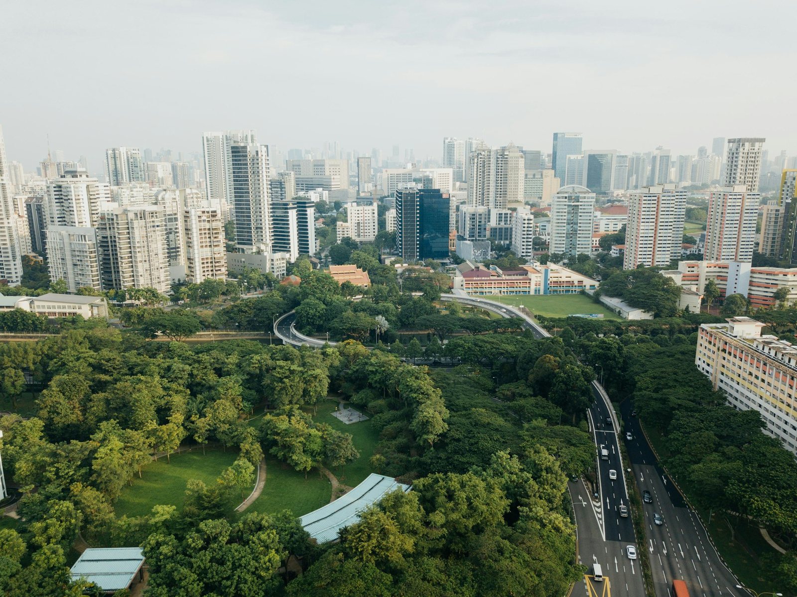 Vista aérea de una ciudad con rascacielos junto a un gran parque