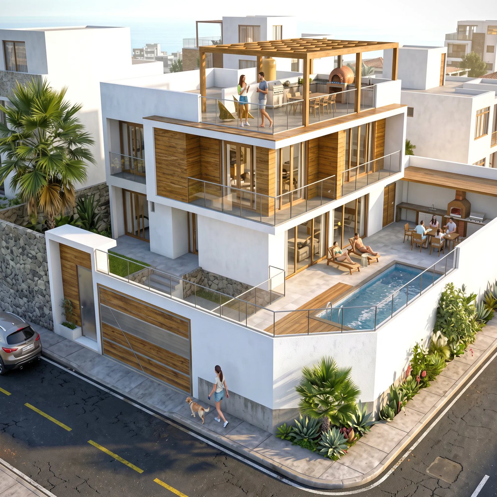 Render de viviendas modernas con terrazas y piscina